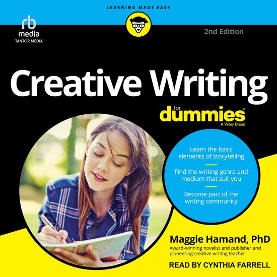 Boekomslag Creative Writing for Dummies, 2e editie. Een jonge vrouw schrijft in een notitieboekje. Tekst: 'Creative Writing for dummies'.