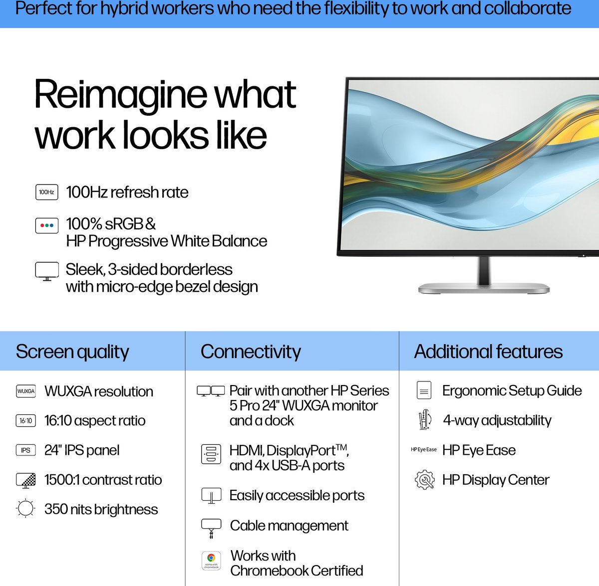 HP Series 5 Pro 524pn 24" WUXGA IPS Monitor 1920x1200 100Hz 5ms 100% sRGB Ergonomisch Blauwlichtfilter - Afbeelding 3