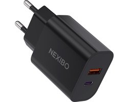 Nexibo 20W USB C Adapter - USB-C & USB-A Poort - Snellader - Lader - Zwart