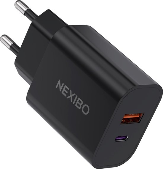 Nexibo 20W USB C Adapter - USB-C & USB-A Poort - Snellader - Lader - Zwart