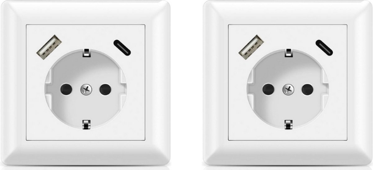 2 Stuks Wandcontactdoos Wit - Inbouw Stopcontact - WCD - Geaard - Geïntegreerd USB-C en USB-A Poorten - 18 W Vermogen - Snel Opladen - Ingang 250V AC 50Hz 200mA - Afmetingen 80x80x42mm
