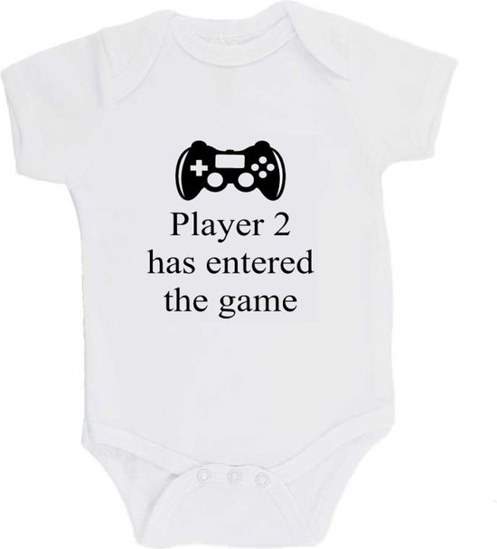 100% katoenen Romper "Player 2 has entered the game" Unisex Katoen Wit/zwart Maat 62/68