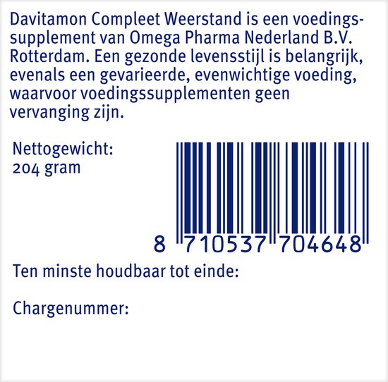 Achterkant van Davitamon Compleet Weerstand verpakking met productinformatie, netto gewicht 204 gram en barcode.