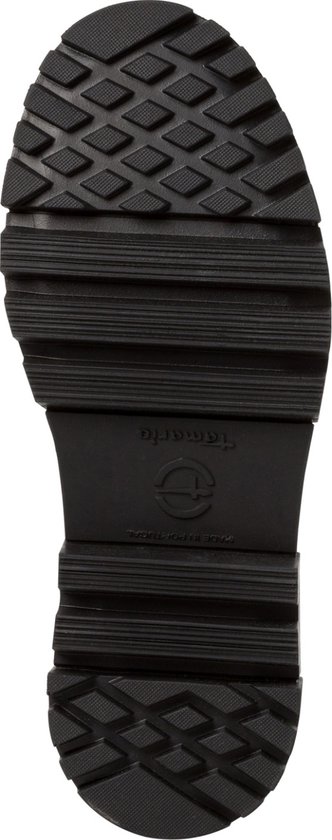 Zwarte rubberen zool van een laars met Tamaris logo en profiel.