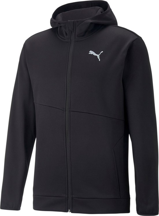 Zwarte PUMA hoodie met rits en capuchon, met een lichtgrijs PUMA logo op de linkerborst.