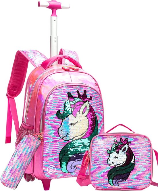 Foto: 3 delige set trolley rugzak schoudertas etui paard unicorn glitter roze