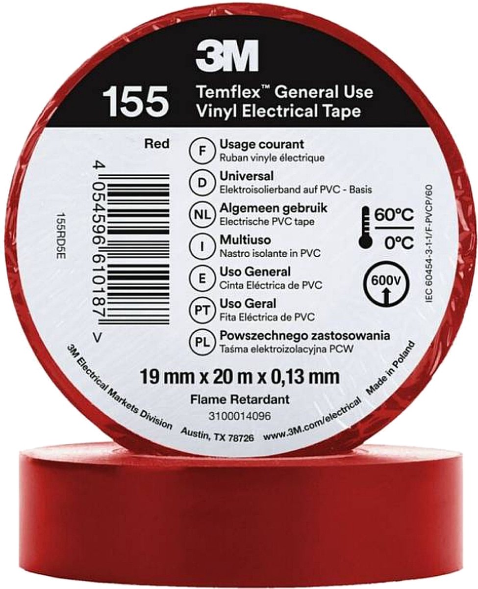 3M Isolatie Tape - 19mm breed - 0,127mm dik - 20 meter - Rood