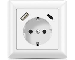 Wandcontactdoos Wit - Inbouw Stopcontact - WCD - Geaard - Geïntegreerd USB-C en USB-A Poorten - 18 W Vermogen - Snel Opladen - Ingang 250V AC 50Hz 200mA - Afmetingen 80x80x42mm
