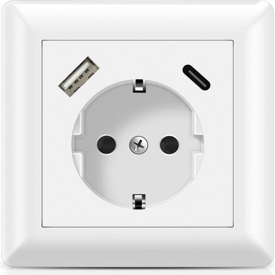 Wandcontactdoos Wit - Inbouw Stopcontact - WCD - Geaard - Geïntegreerd USB-C en USB-A Poorten - 18 W Vermogen - Snel Opladen - Ingang 250V AC 50Hz 200mA - Afmetingen 80x80x42mm kopen - beste keuze voor buitenstopcontact paal