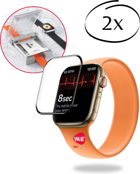 Gouden smartwatch met oranje band, beschermd door een screenprotector. Naast de smartwatch ligt een installatiekit en '2x'.