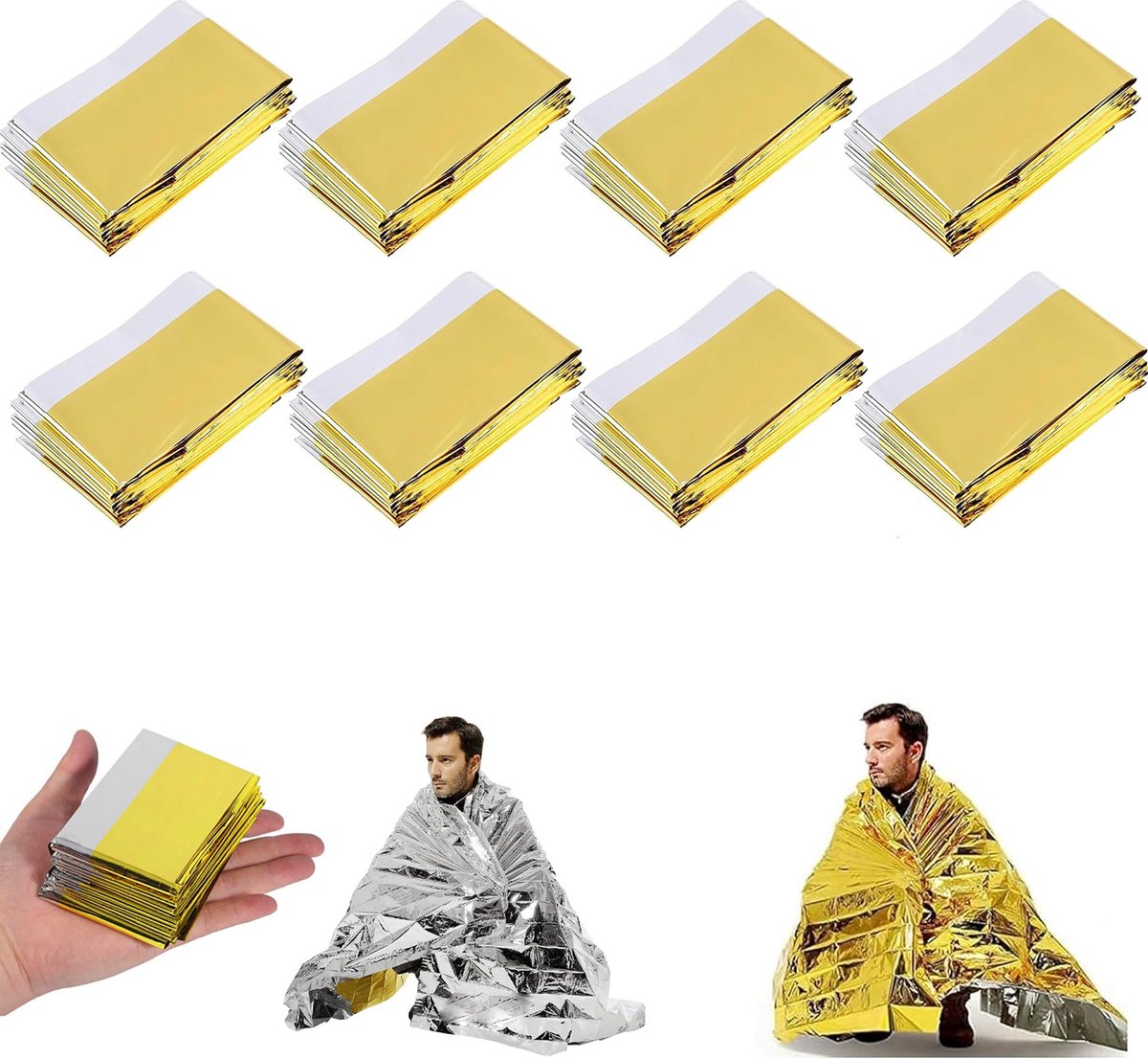 Goedkoopste Pakket van 8 reddingsdekens, 210 cm x 160 cm, reddingsdeken, goud zilver, reddingsdeken, nooddeken, nooddeken, EHBO-deken, zilver goud, voor eerste hulp noodgevallen