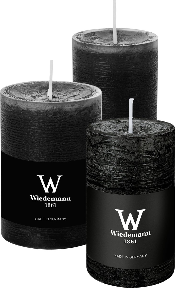 Wiedemann Cilinderkaarsen/stompkaarsen - set van 3 - rustieke kaars - zwart - 6x9/6x12/7x10 cm