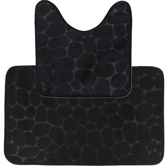 Zwarte badmat en toiletmat met steenprint.