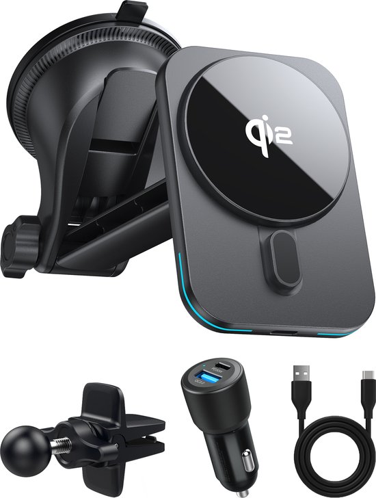 Caliber Telefoonhouders Auto - Magnetische Autohouder - Geschikt voor Smartphone - Draadloos laden - Zuignap - 60 Watt Autolader - Qi2 gecertificeerd - 15 Watt Oplader - GSM houder auto - 360° Rotatie - Zwart (PSQ2-CAR-SC)