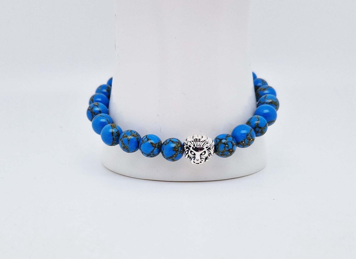 Handgemaakte natuursteen armband met Metalen vorm - Model 16 - "Blauw howliet gesponnen goud" -8 mm diameter van de korrel- Diameter armband 20 cm - Een mooi cadeau voor familie en vrienden