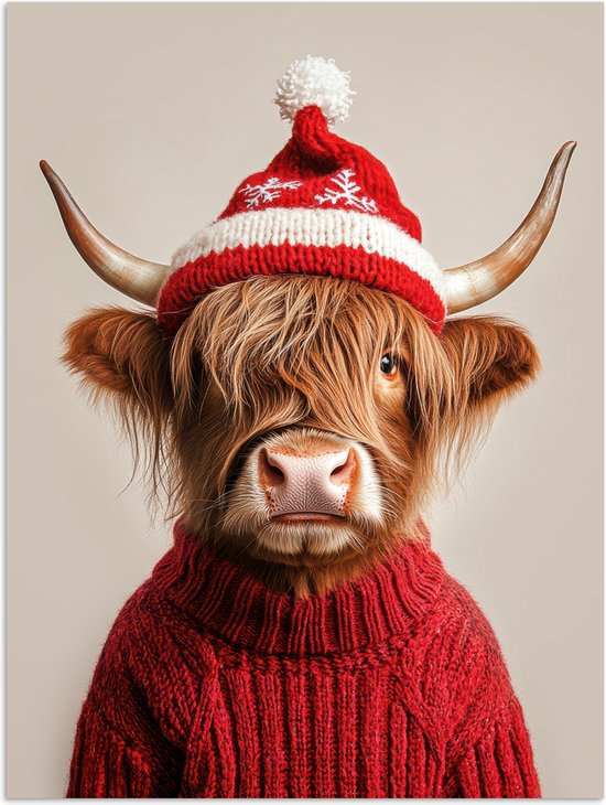 Poster 60x80 cm - Schotse Hooglander - Kerst - Muts - Trui - Winter - Posters - Kamer decoratie - Wanddecoratie woonkamer - Muurdecoratie slaapkamer - Kerstversiering - Kerstdecoratie voor binnen - Kerstmis
