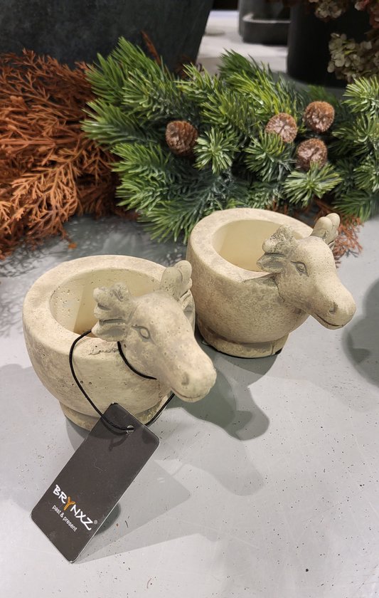 Brynxz - Waxinelichthouder - Set 2 stuks - Rendier - Kerst - Majestic Beige - 11x8cm