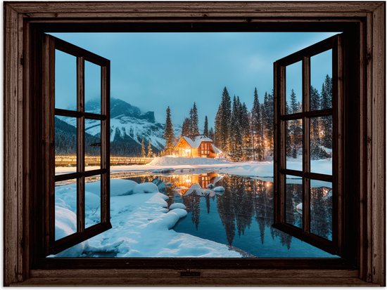 Poster 120x90 cm - Doorkijk - Winter - Landschap - Natuur - Huis - Bergen - Posters - Kamer decoratie - Wanddecoratie woonkamer - Muurdecoratie slaapkamer