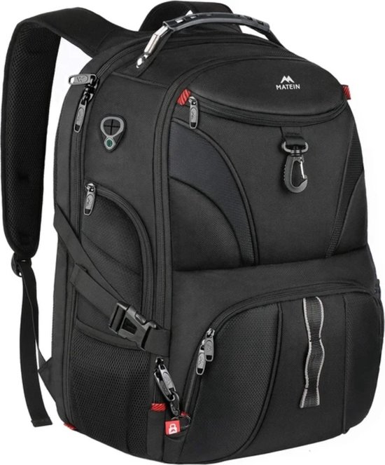 Matein Grote Reisrugzak 50L - 17 inch Laptopvak - Waterbestendig Reistas - TSA Ontwerp - RFID Blokkering - Anti Diefstal Laptoprugzak - USB-poort - Bril Vak - Oortelefoon Ingang - Lichtgewicht - Heren - Dames - Studenten - Zwart