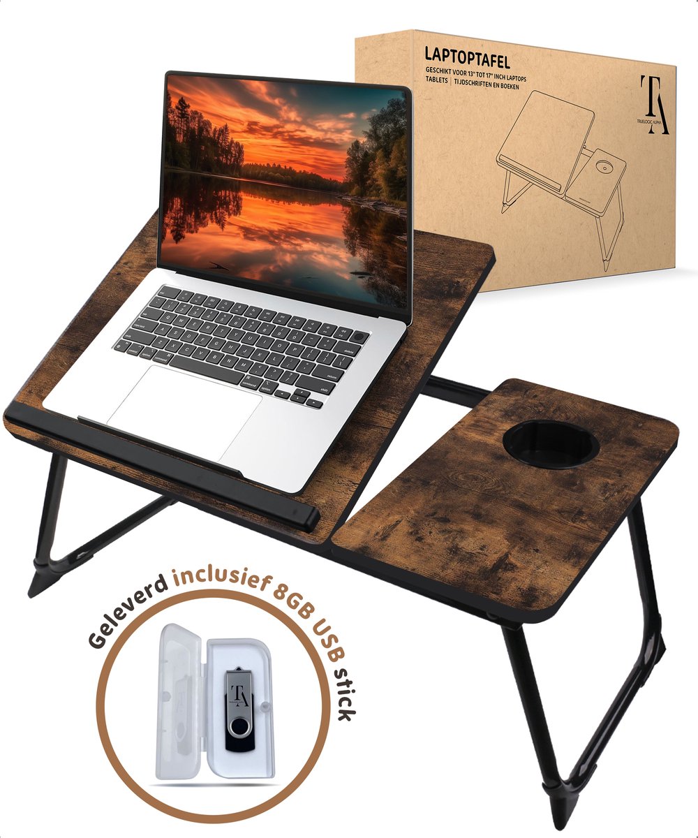 TrueLogic Alpha Bedtafel - Laptoptafel - Laptop standaard - Voor laptops t/m 17 inch - Ontbijttafel - Ontbijt op bed - Geleverd inclusief 8GB usb stick - Dark Wood