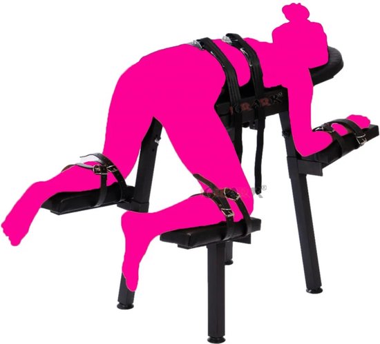 Roze silhouette op een zwarte seksstoel met riemen om polsen, enkels en middel.