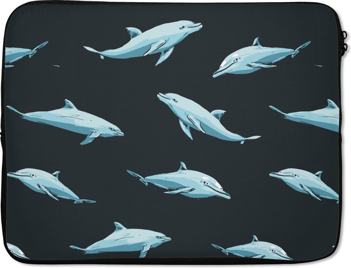 Laptophoes 15.6 inch - Dolfijnen - Patroon - Blauw - Grijs - Laptop sleeve - Binnenmaat 37x26 cm - Zwarte achterkant
