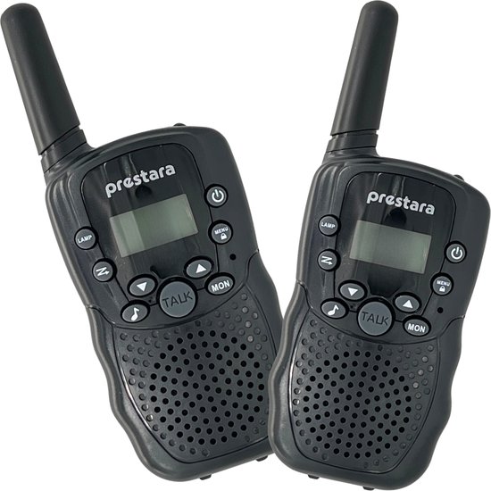 Deux talkies-walkies Prestara noirs avec écran, boutons et haut-parleur.