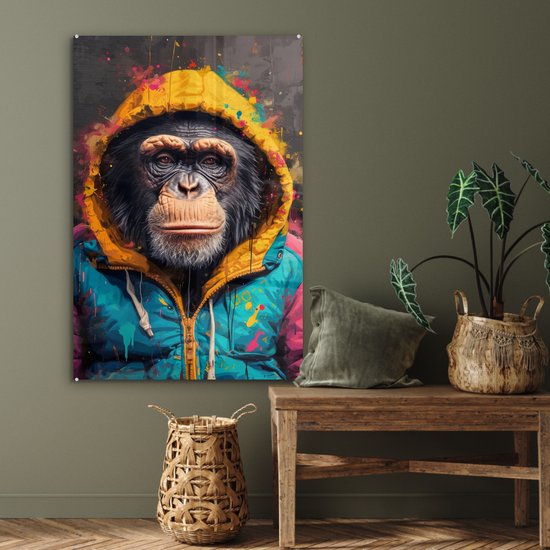 MuchoWow® Peinture sur verre 80x120 cm - Peinture sur verre acrylique - Graffiti - Chimpanzé - Manteau - Singe - Peinture - Photo sur verre - Décoration murale salon - Décoration murale chambre - Peintures