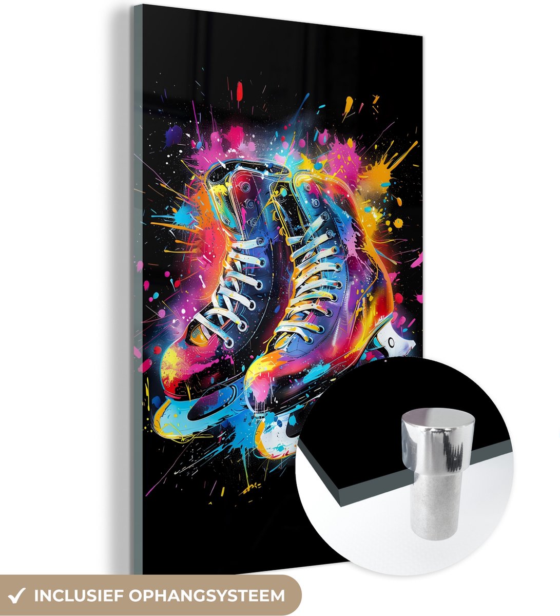MuchoWow® Glasschilderij 100x150 cm - Schilderij acrylglas - Graffiti - Sport - Schaatsen - Verf - Foto op glas - Muurdecoratie woonkamer - Wanddecoratie slaapkamer - Schilderijen