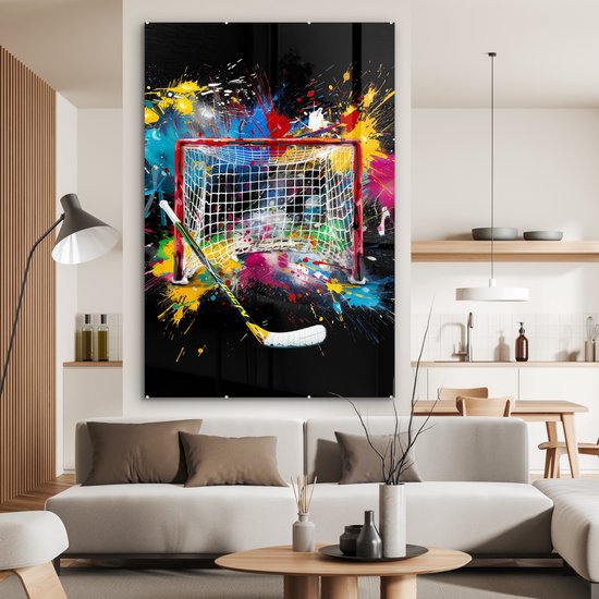MuchoWow® Glasschilderij 100x150 cm - Schilderij acrylglas - Graffiti - Sport - IJshockey - Hockey goal - Foto op glas - Muurdecoratie woonkamer - Wanddecoratie slaapkamer - Schilderijen