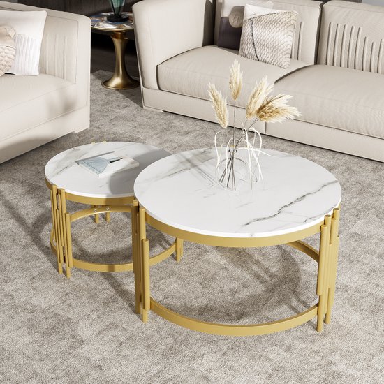 en.casa] Bijzettafel Salem set van 2 salontafel 2 maten stapelbaar metalen tafelframe goudkleurig en marmer wit