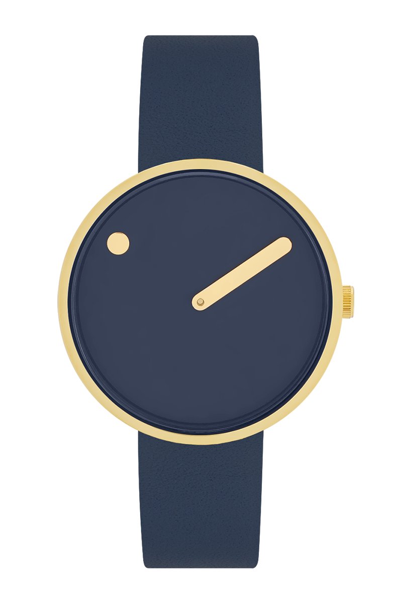 Picto Design Dameshorloge Donkerblauwe Wijzerplaat, Goud Stalen Horlogekast, Donkerblauw Lederen Horlogeband 34018-6714G - 34mm