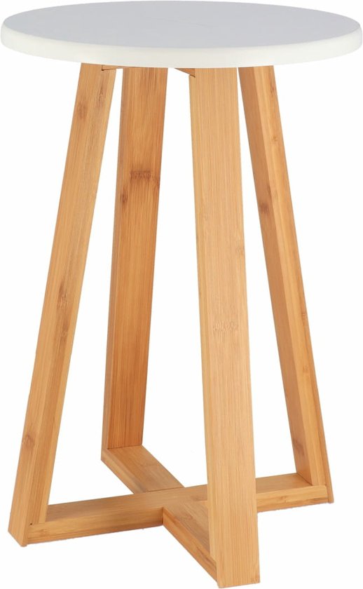 Rond wit bijzettafeltje met een naturel bamboe onderstel.