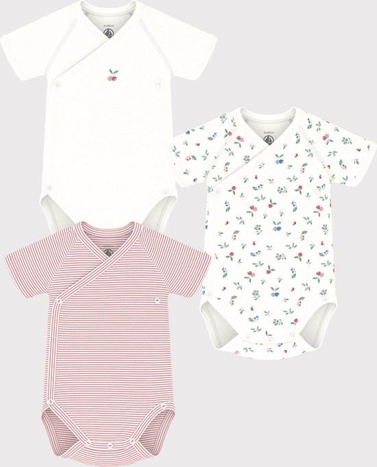 Petit Bateau Set van 3 overslagrompertjes met korte mouwen in bedrukte katoen Unisex Rompertje - Roze;Wit;Rood