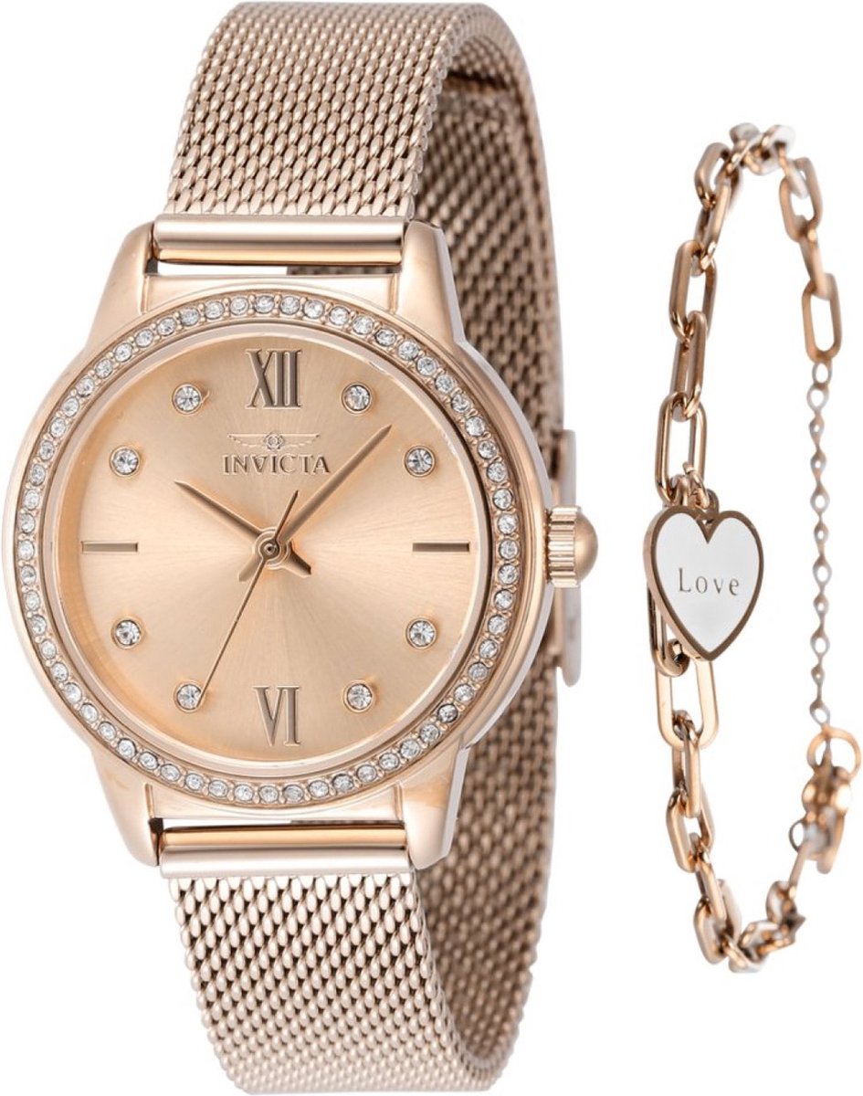 Invicta Angel 48254 Dames Horloge - Waterdicht - Analoog - Quartz Uurwerk - Roestvrij Staal met rosegouden Wijzerplaat - 30mm