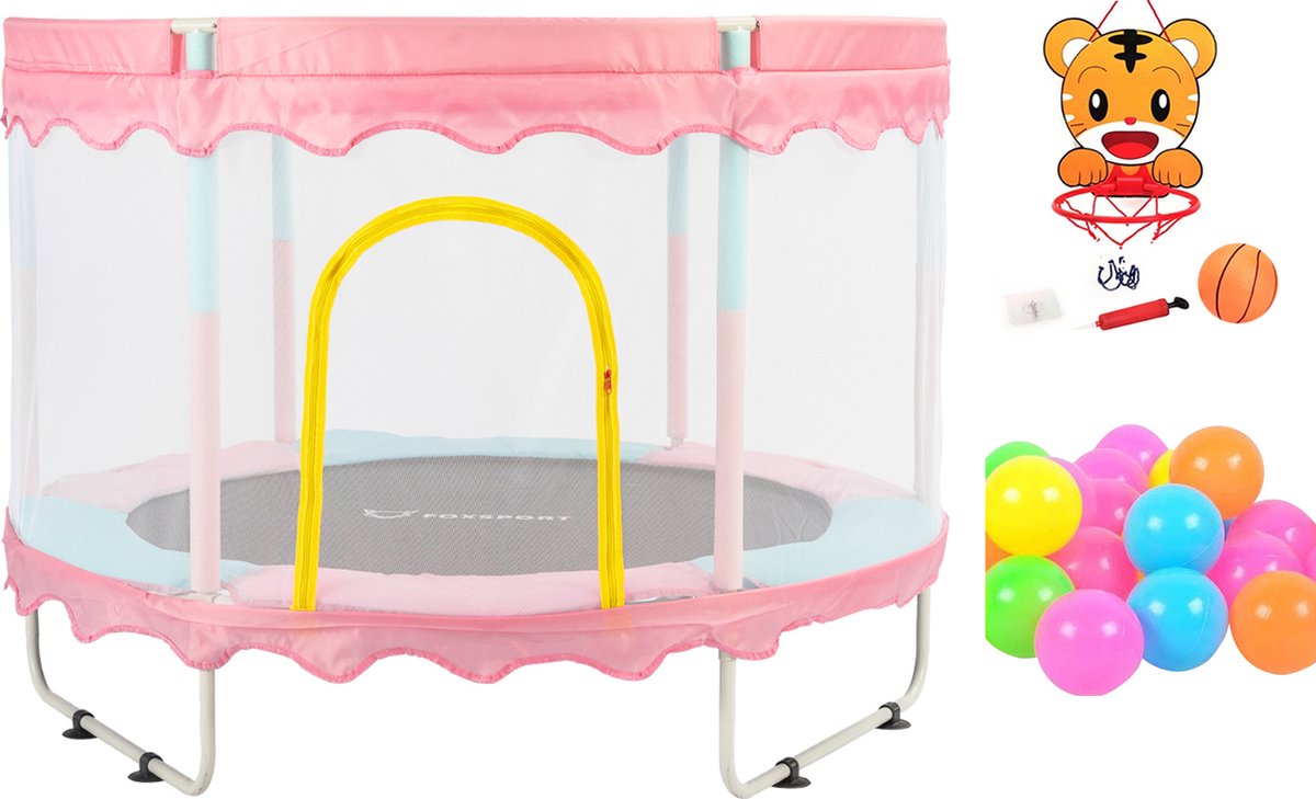 FOXSPORT Kinder Trampoline - Trampoline met Elastieken - Outdoor - Buitenspeelgoed - Trampoline met veiligheidsnet - 110 cm Veiligheidsnet - 150 cm - Roze — afbeelding 9