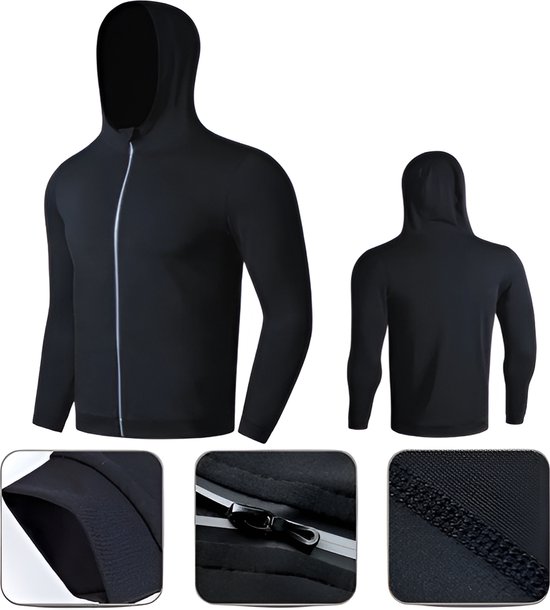 Veste à capuche noire avec fermeture éclair, passepoil réfléchissant et ourlet détaillé.