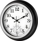 Zwarte wandklok met witte wijzerplaat en thermometer, 30 cm