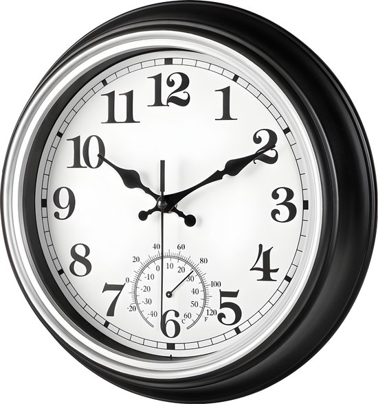 Zwarte wandklok met witte wijzerplaat en thermometer, 30 cm