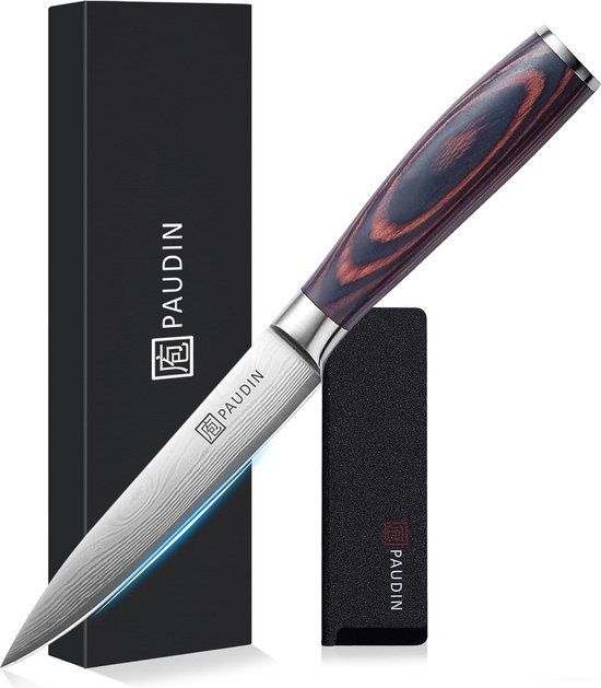 PAUDIN N7 Officemes Professioneel 12,5 cm - Japans mes - Koksmes - Keukenmes - Damascus Patroon - Inclusief Knifeguard