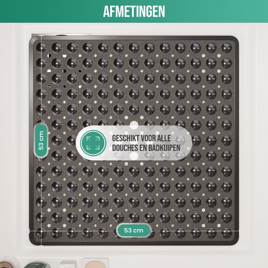 Zwarte antislip douche- en badmat met afmetingen van 53x53cm en geschikt voor alle douches en badkuipen.