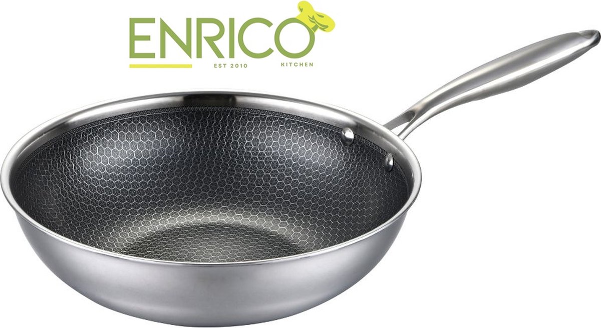 ENRICO - wokpan Ø28 - Roestvrij - Stalen Anti-Aanbakpan - PFAS en PTFE vrije wokpannen - Geschikt voor alle warmtebronnen, inclusief inductie - 28 cm