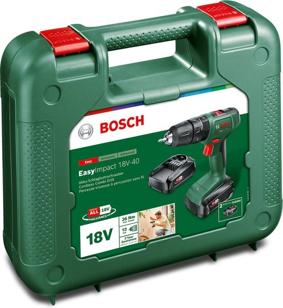 Groene Bosch EasyImpact 18V-40 accuklopboorschroevendraaier in een opbergkoffer met afbeeldingen van de machine en accessoires.