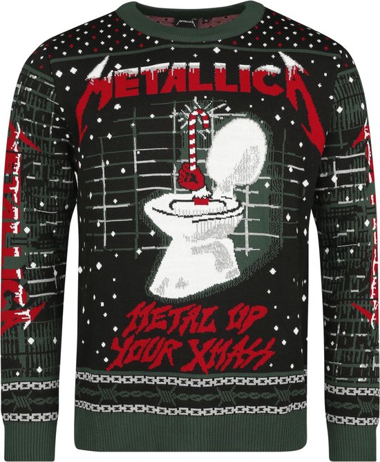 Donkere kersttrui met 'Metallica' logo, een wc-pot met kerstkrans, en 'Metal Up Your Xmas'.