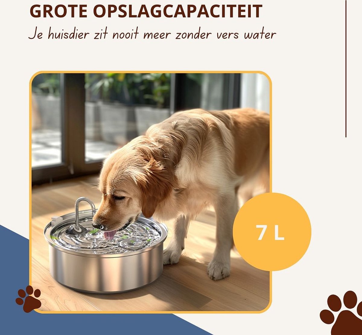 Drinkfontein voor honden, 7 liter, roestvrij staal, met kijkvenster