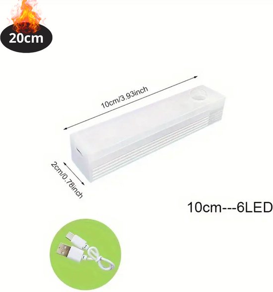 Witte, rechthoekige 10cm LED-lamp met USB-oplaadkabel.