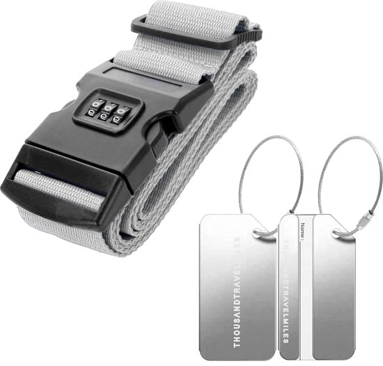 Kofferriem met 2 aluminium labels – zilver – 3-cijfer slot