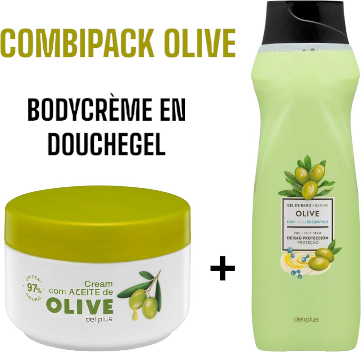 Goedkoopste Deliplus | Cream con Aceite de Oliva - Gel de Baño Oliva | Lichaamscrème met Olijfolie - Douchegel met Olijfolie | Combipack | Uit Spanje | 1000ml