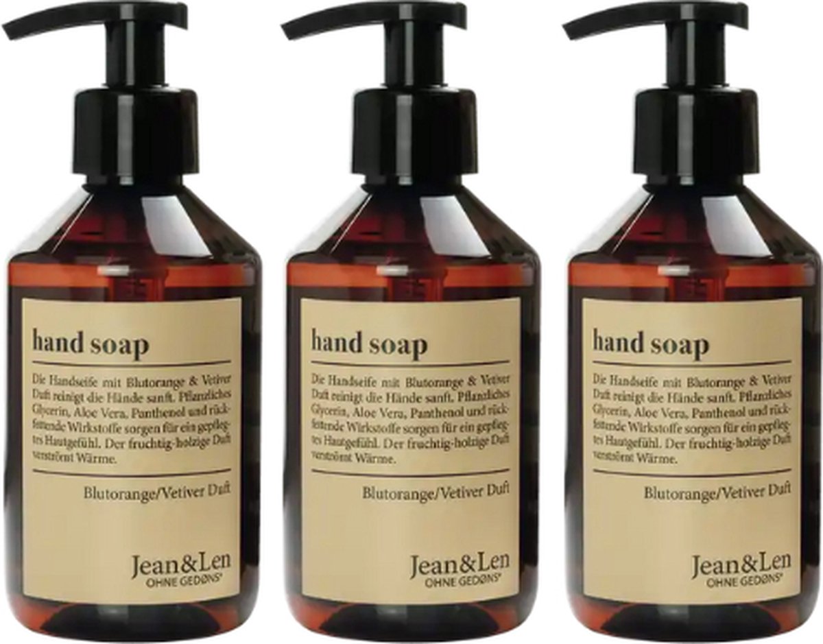 Jean & Len Handzeep | 3x 250 ml Vloeibare zeep | Bloedsinaasappel & Vetiver | VOORDEELVERPAKKING - 3 stuks Luxe Handzeep
