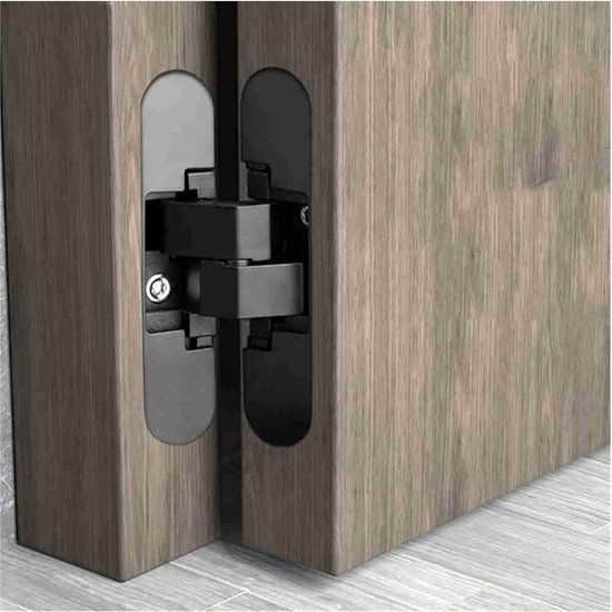 Zwart verborgen scharnier gemonteerd in een houten deur, de deur opent 180 graden.